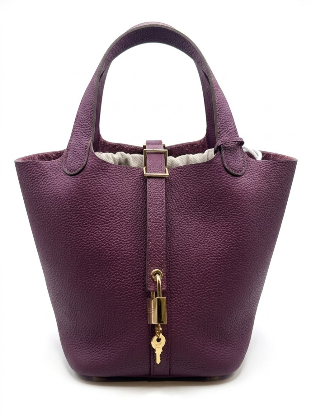 Genuine Pebbled Leather Bucket Bag Plum Purple Handbag Lock Key NWOT